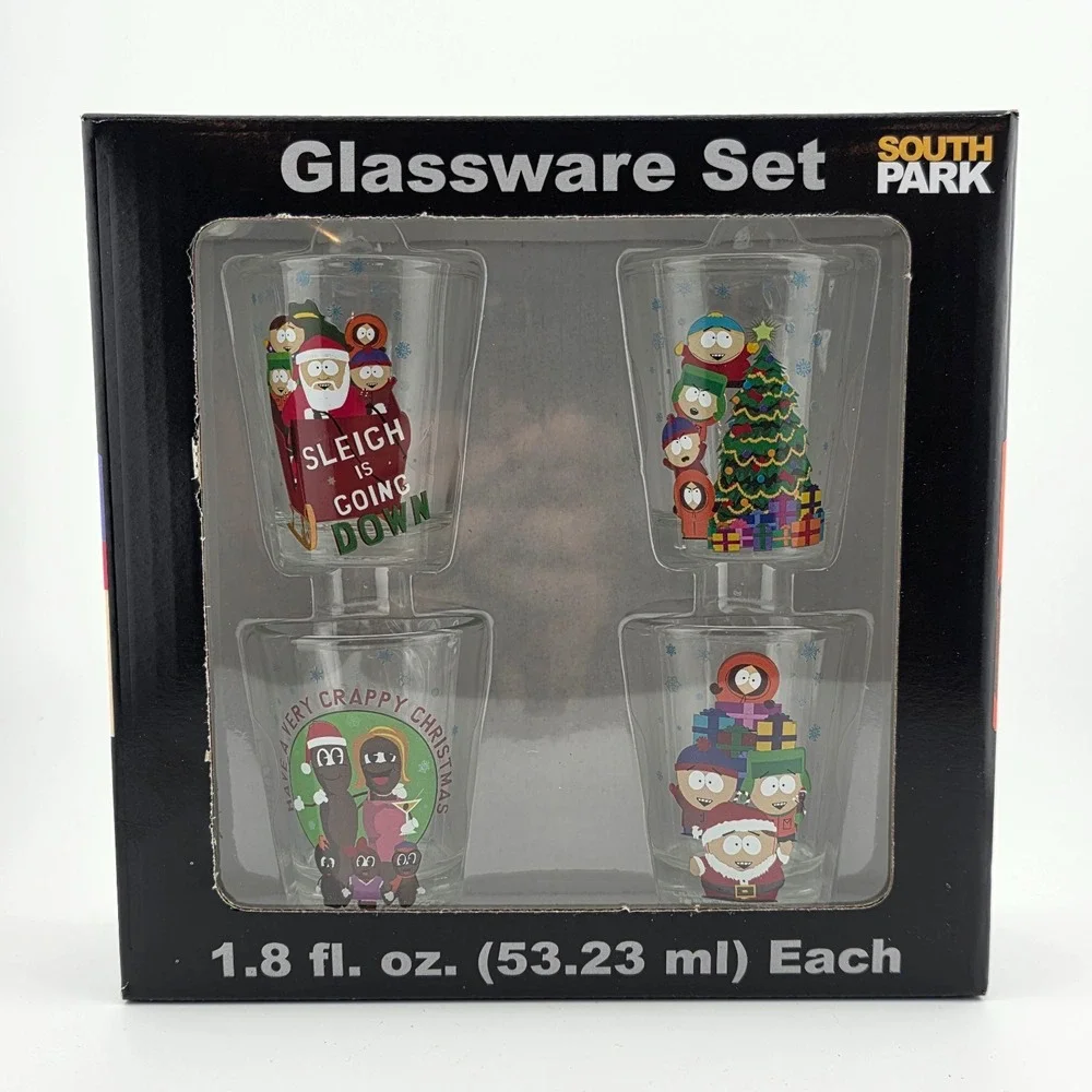 SOUTH PARK Christmas Shot Glass Set‎ (4) 1.8 fl oz ea Cartman, Kyle, Stan, Kenny